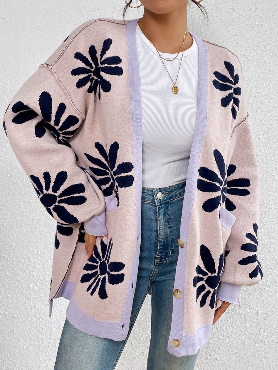 Floral V Neck Casual Cardigan