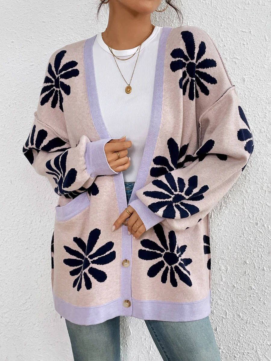 Floral V Neck Casual Cardigan