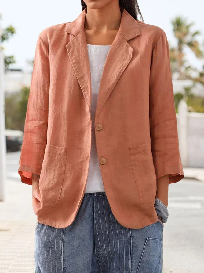 Casual Plain Cotton And Linen Blazer