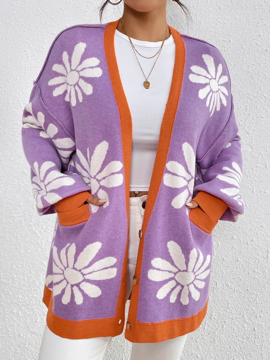 Floral V Neck Casual Cardigan