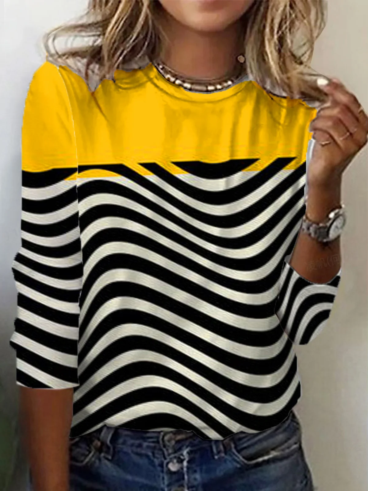 Women's Long Sleeve T-shirt Spring/Fall Yellow Striped Jersey Crew Neck Daily Going Out Casual Top