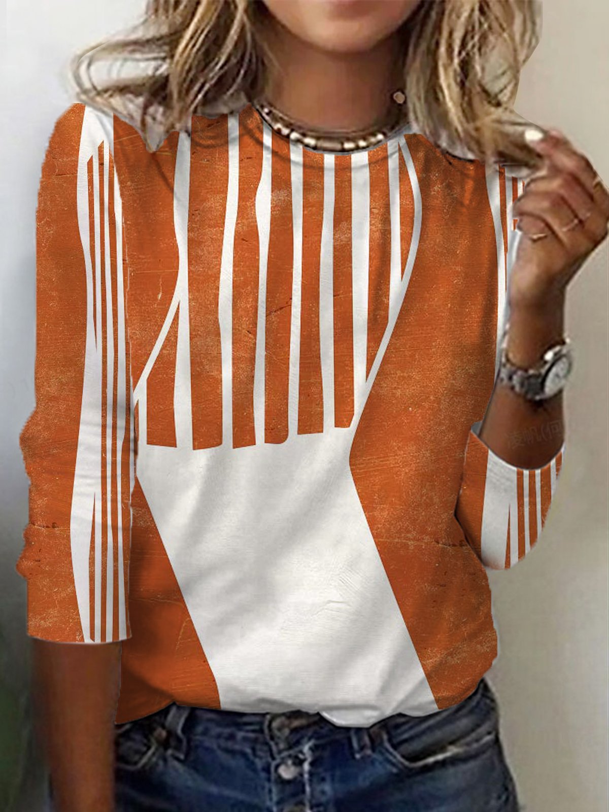 Women's Long Sleeve T-shirt Spring/Fall Orange Striped Jersey Crew Neck Daily Going Out Casual Top