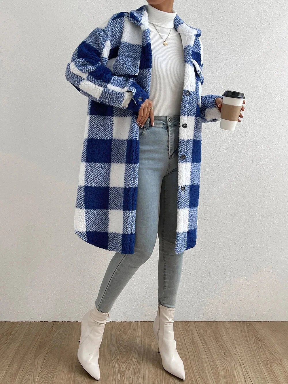 Fluff/Granular Fleece Fabric Plaid Casual Teddy Jacket