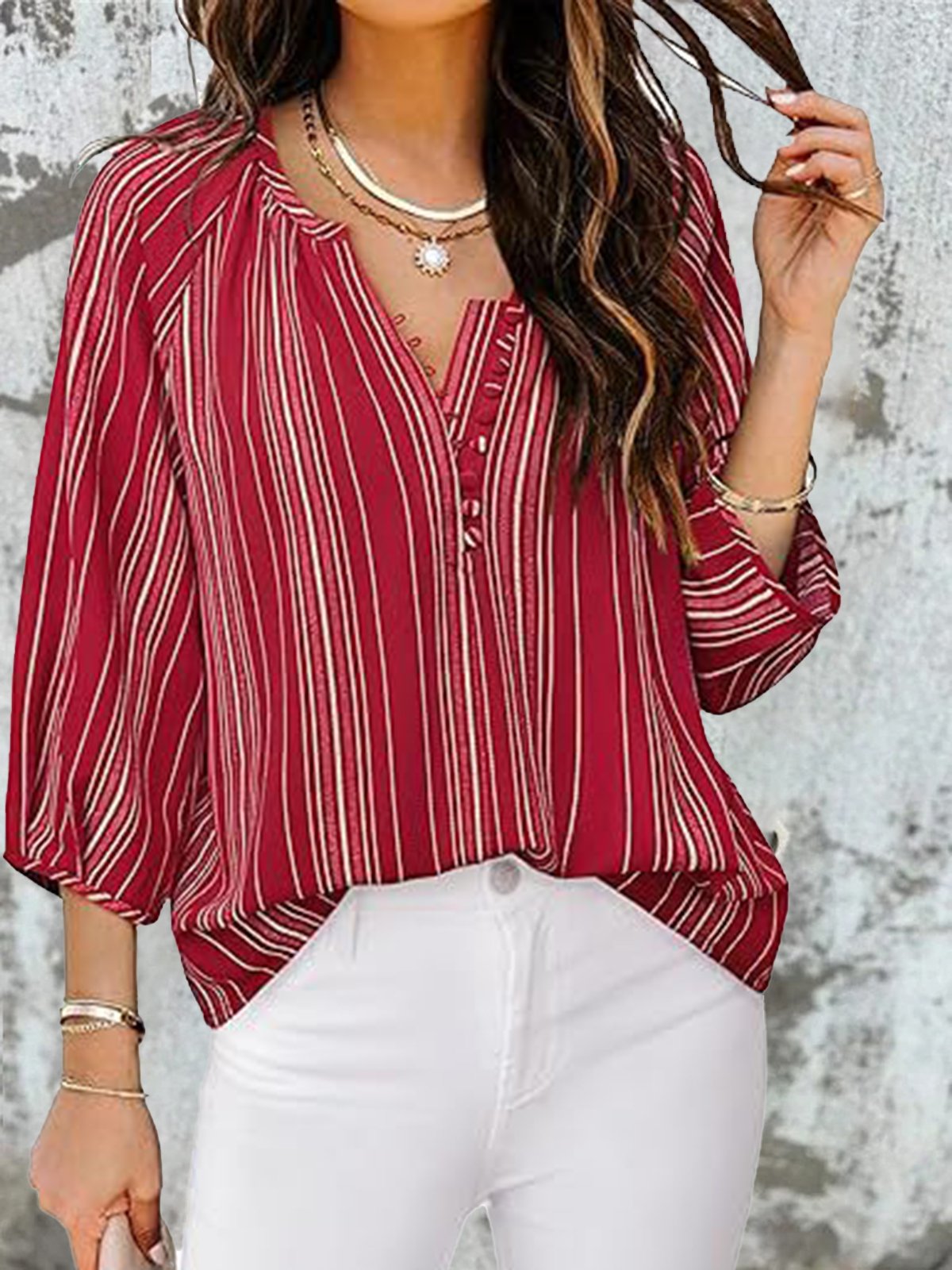 Women's Long Sleeve Blouse Spring/Fall Apricot Abstract Stripes Half Open Collar Daily Going Out Casual Top