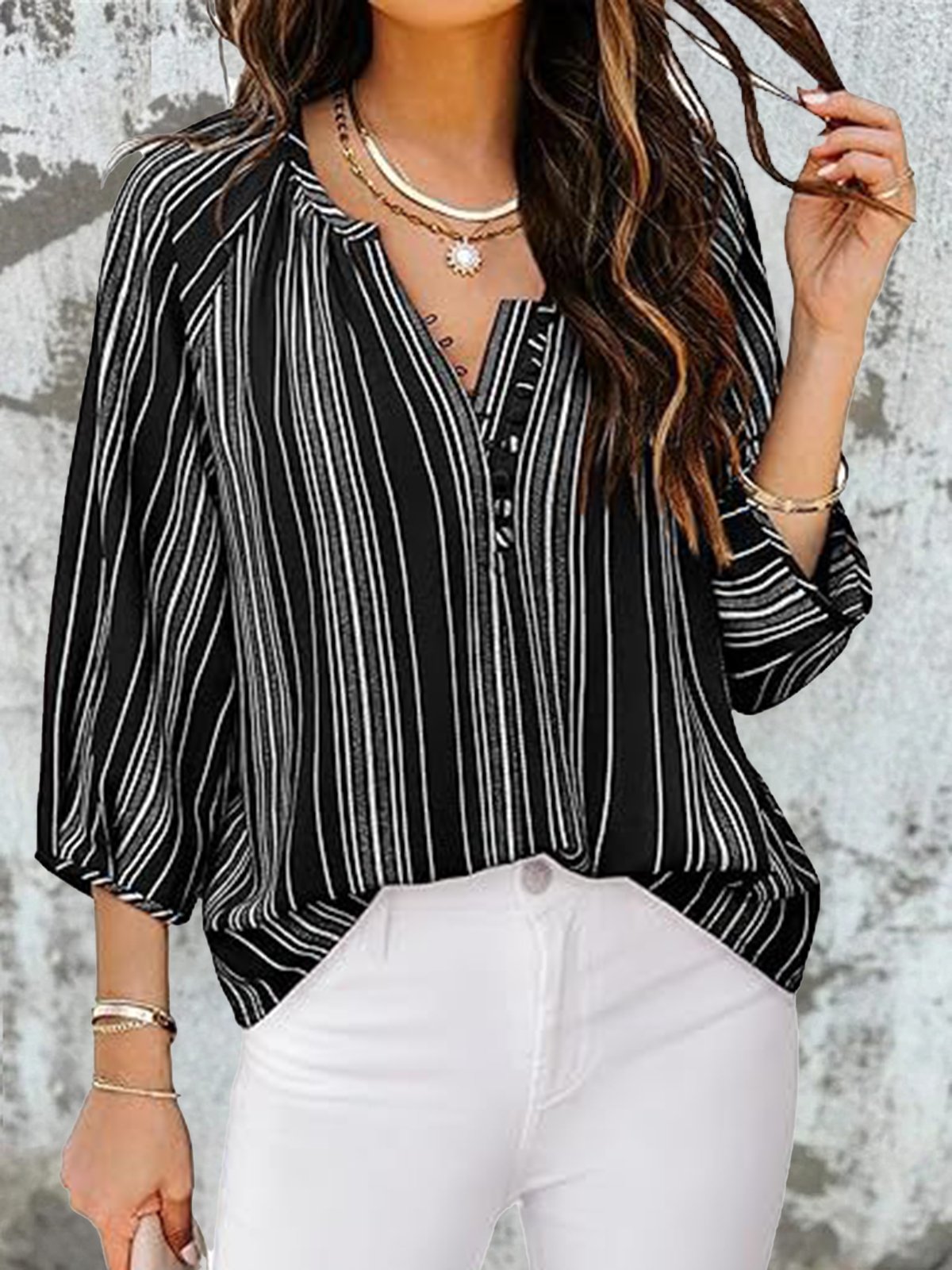 Women's Long Sleeve Blouse Spring/Fall Apricot Abstract Stripes Half Open Collar Daily Going Out Casual Top