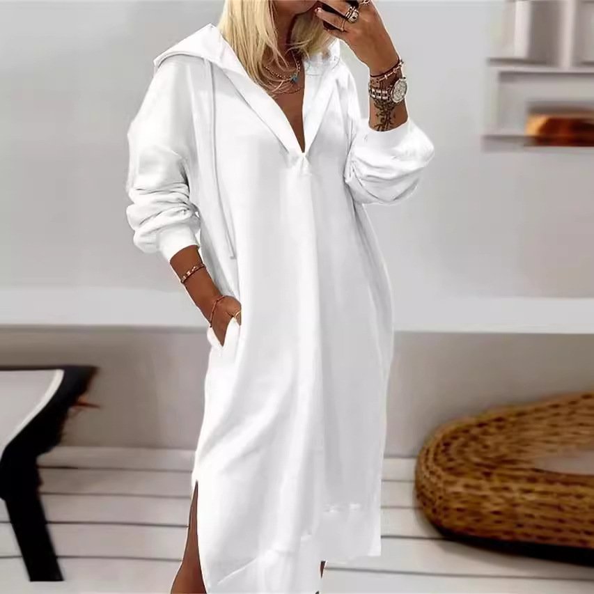 Hoodie Plain Casual Sweashirt Dress With No