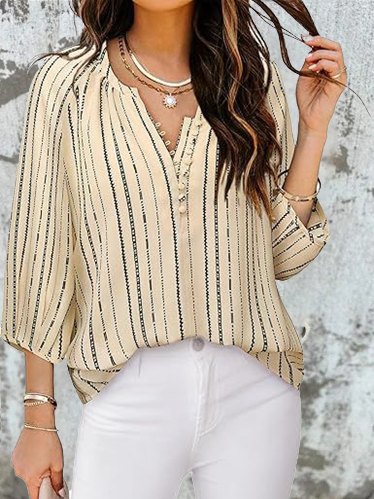 Women's Long Sleeve Blouse Spring/Fall Apricot Abstract Stripes Half Open Collar Daily Going Out Casual Top