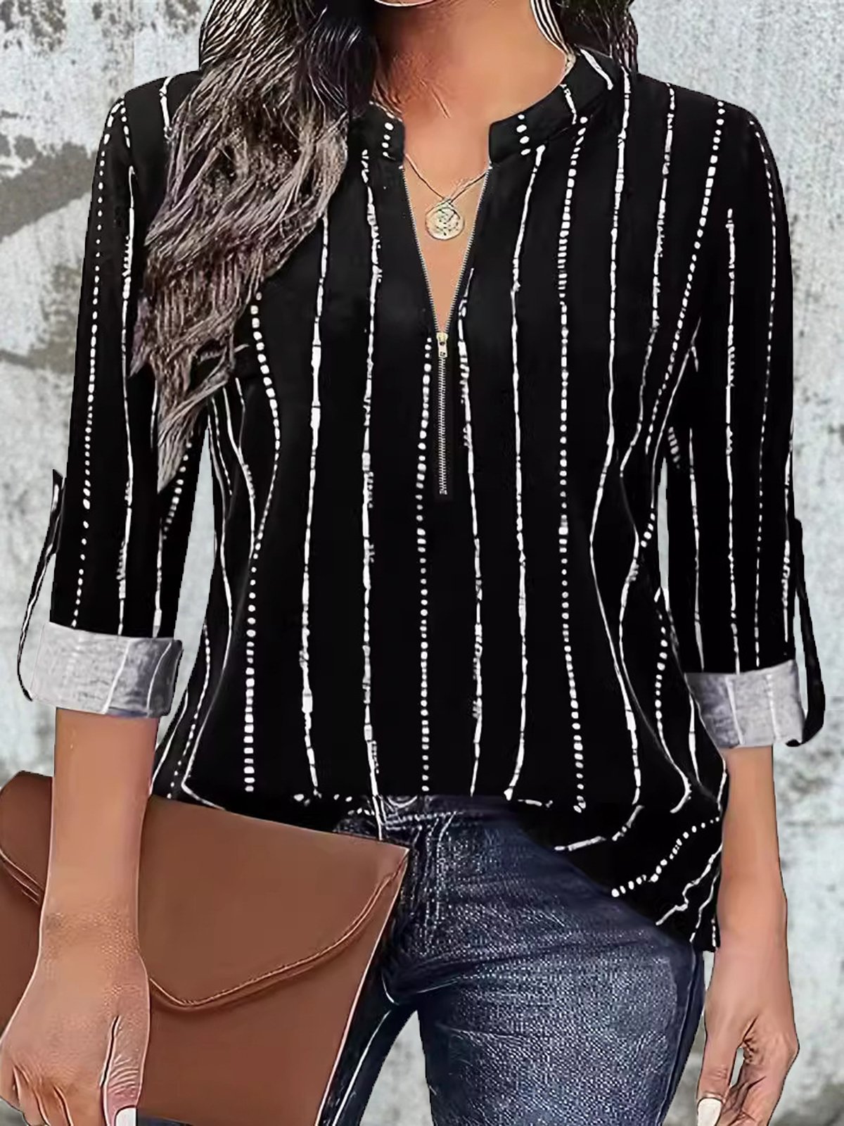 Women's Long Sleeve Blouse Spring/Fall Black Abstract Zipper Half Open Collar Daily Going Out Casual Top