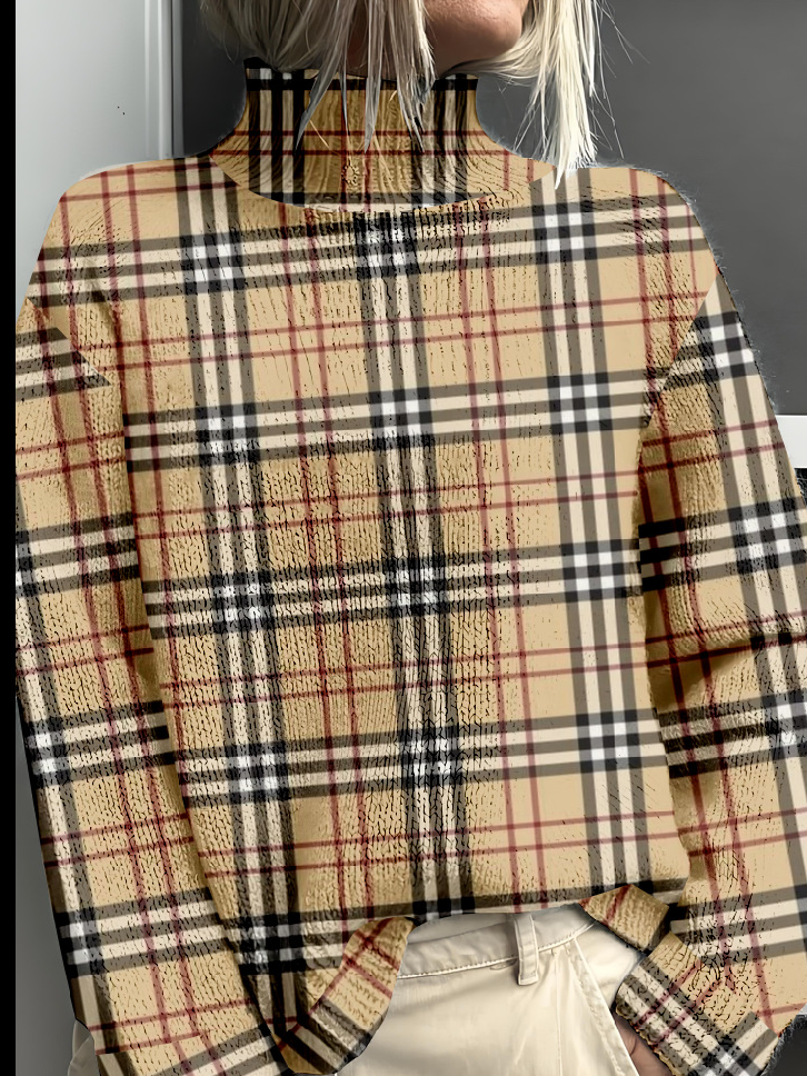 Plaid Vintage Mock Neck Loose Sweatshirt