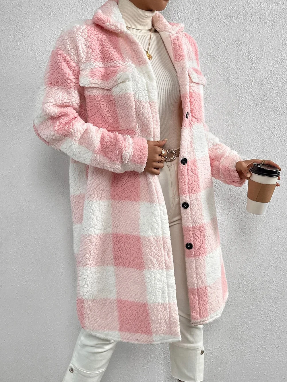 Fluff/Granular Fleece Fabric Plaid Casual Teddy Jacket