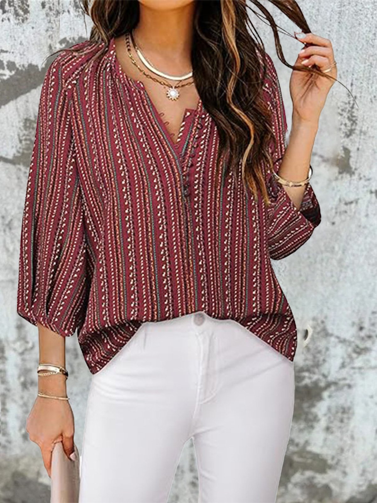 Women's Long Sleeve Blouse Spring/Fall Apricot Abstract Stripes Half Open Collar Daily Going Out Casual Top