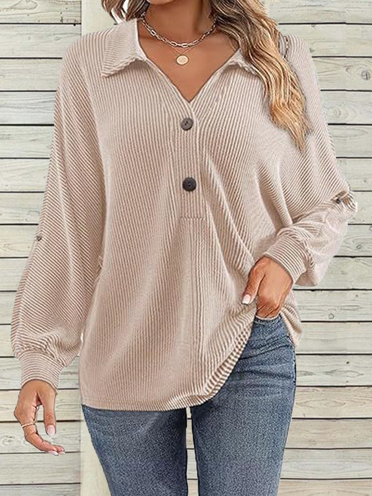 Women's Long Sleeve Blouse Spring/Fall Apricot Plain Half Open Collar Daily Going Out Casual Top