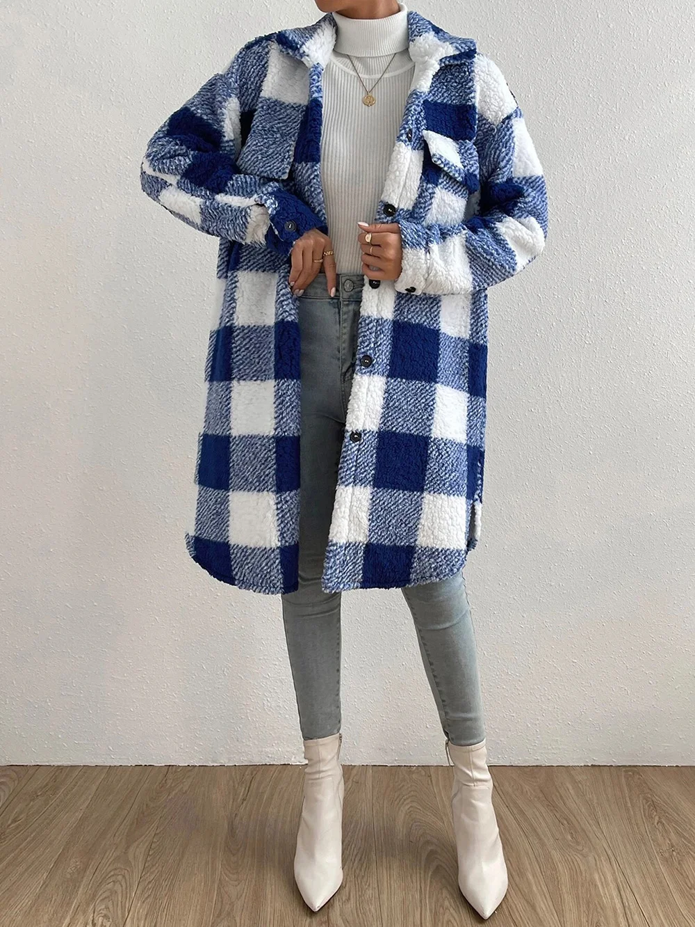 Fluff/Granular Fleece Fabric Plaid Casual Teddy Jacket