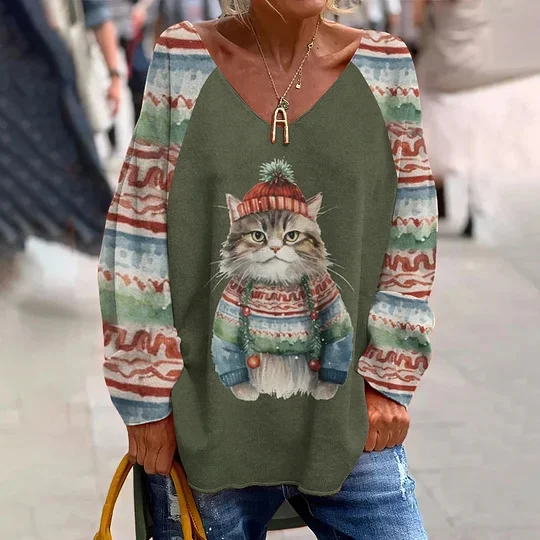 Casual V Neck Loose Animal Sweatshirt