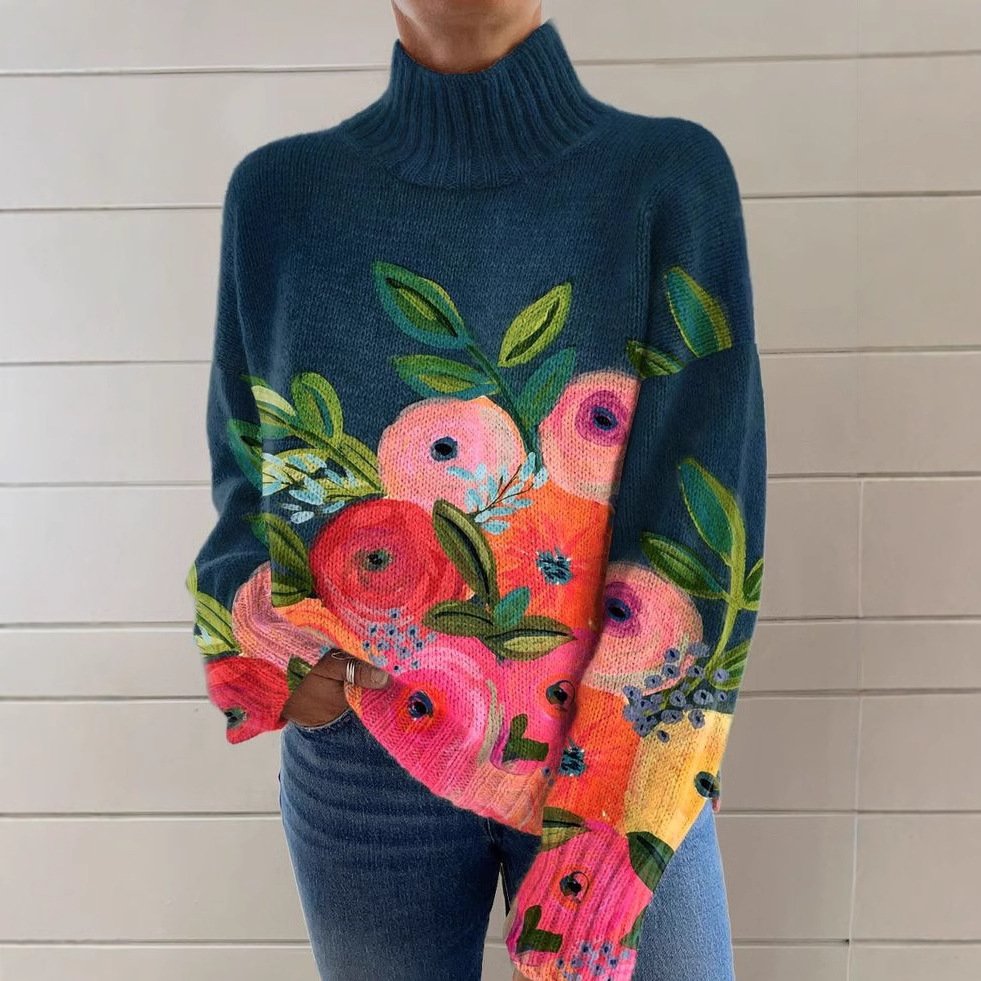 Turtleneck Casual Floral Sweatshirt