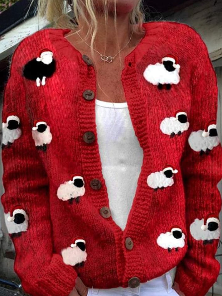 Lovely Christmas Sheep Art Print Buttoned Cardigan Sweater