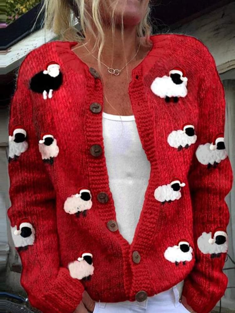 Lovely Christmas Sheep Art Print Buttoned Cardigan Sweater