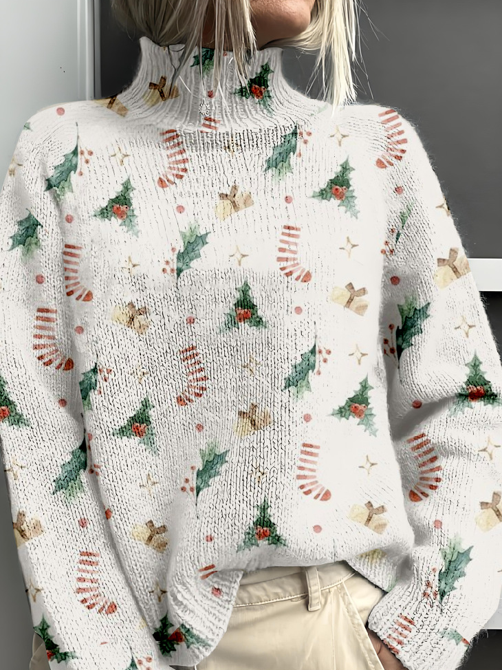 Mock Neck Loose Casual Christmas Tree Sweatshirt