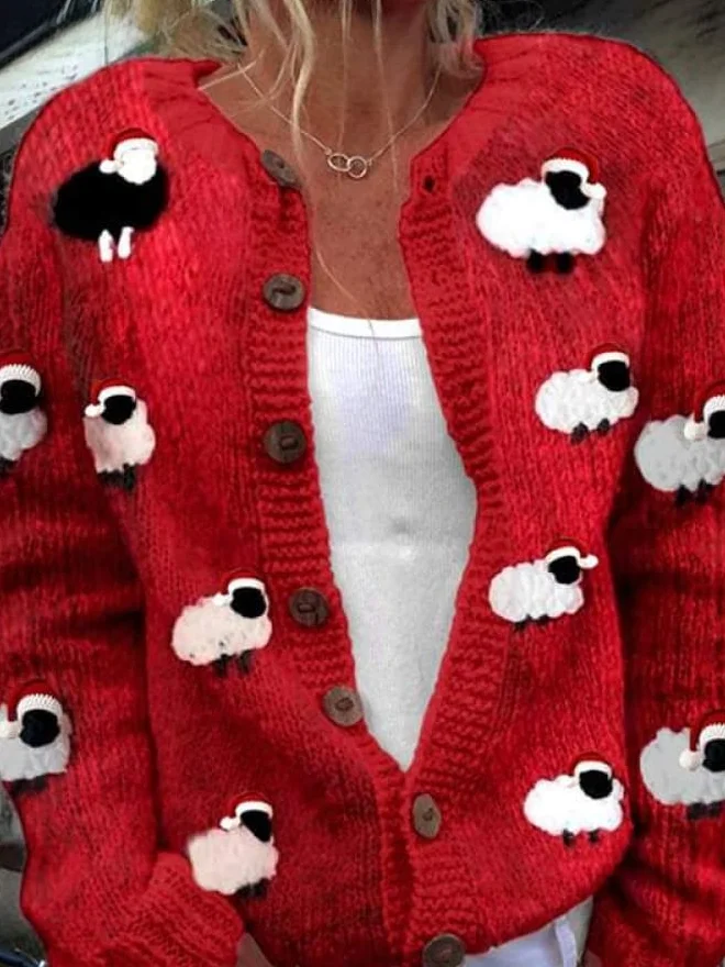 Lovely Christmas Sheep Art Print Buttoned Cardigan Sweater