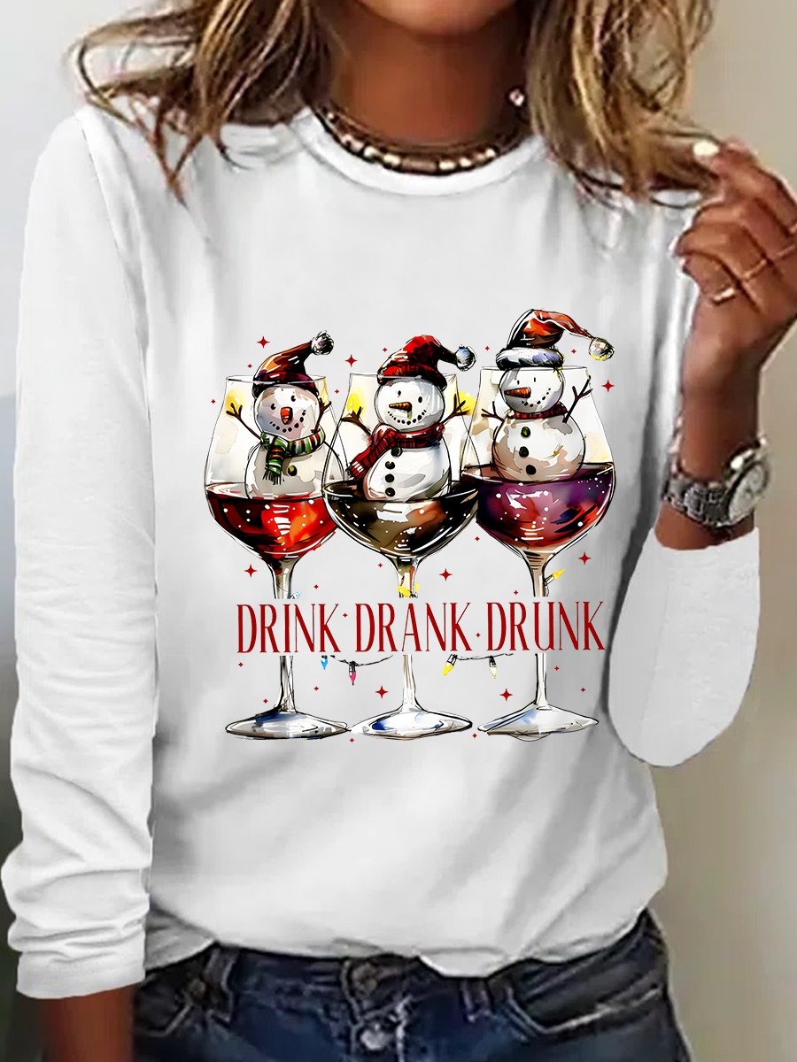 Drink Drank Drunk Christmas Season Casual Long Sleeve Shirt