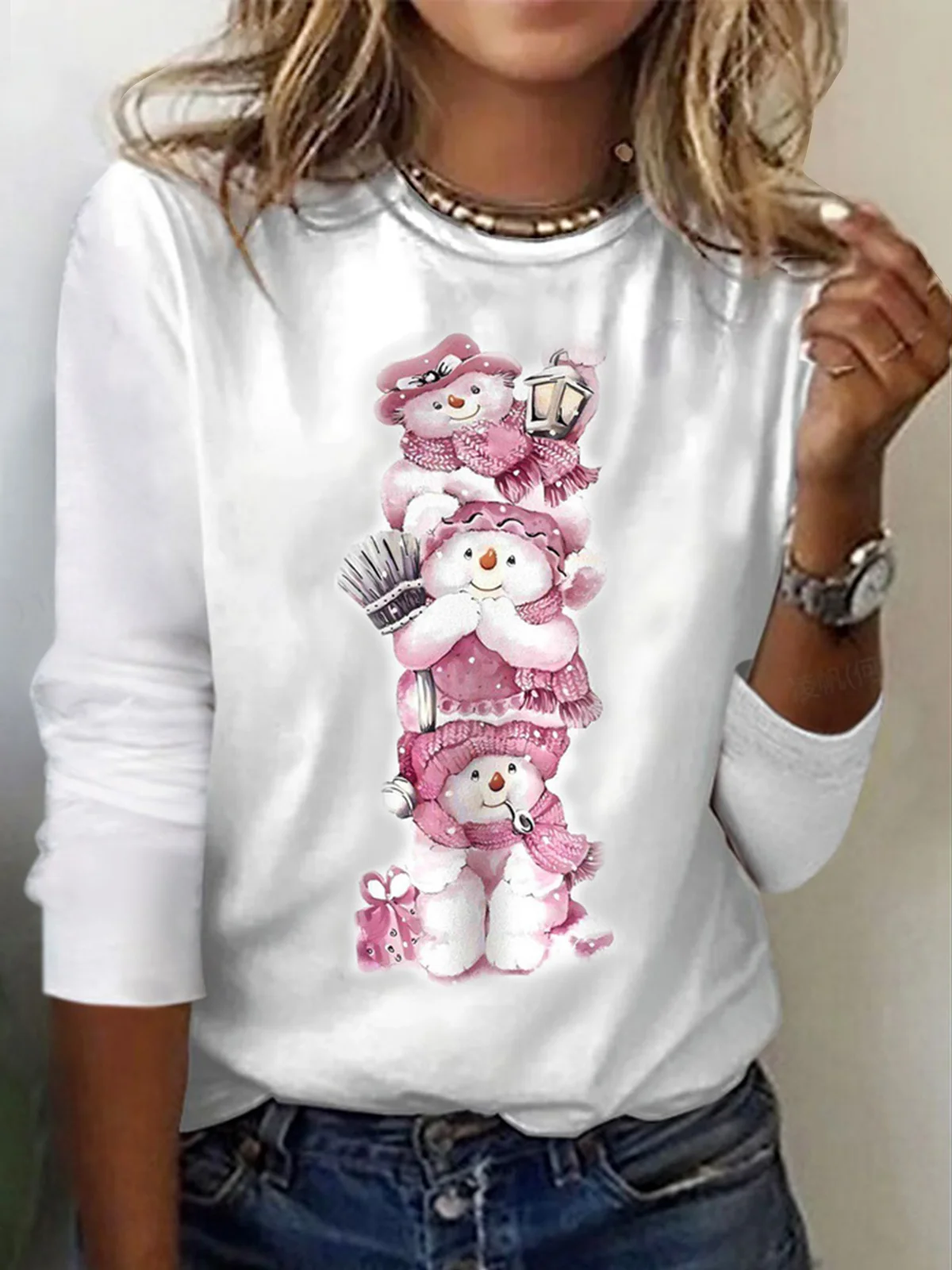 Christmas Snowman Print Crew Neck T-shirt