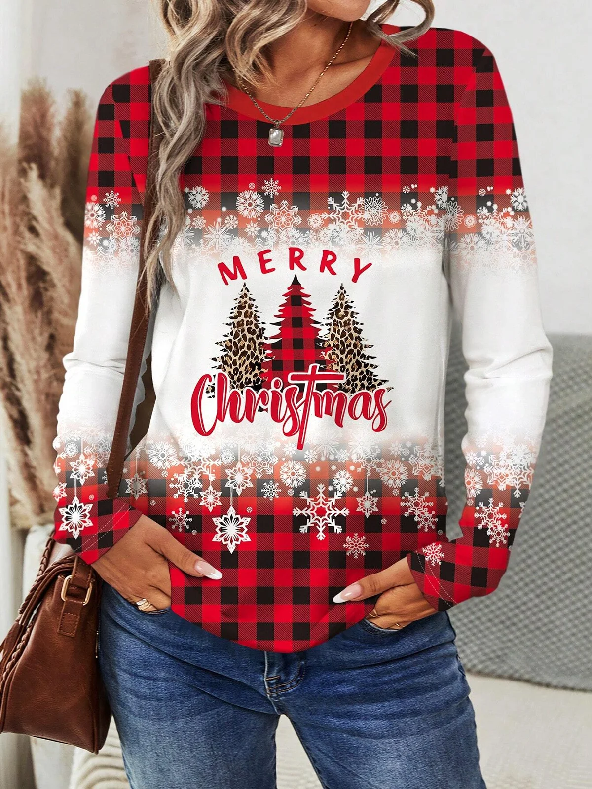 Plaid Christmas Print Round Neck Long Sleeve T-Shirt