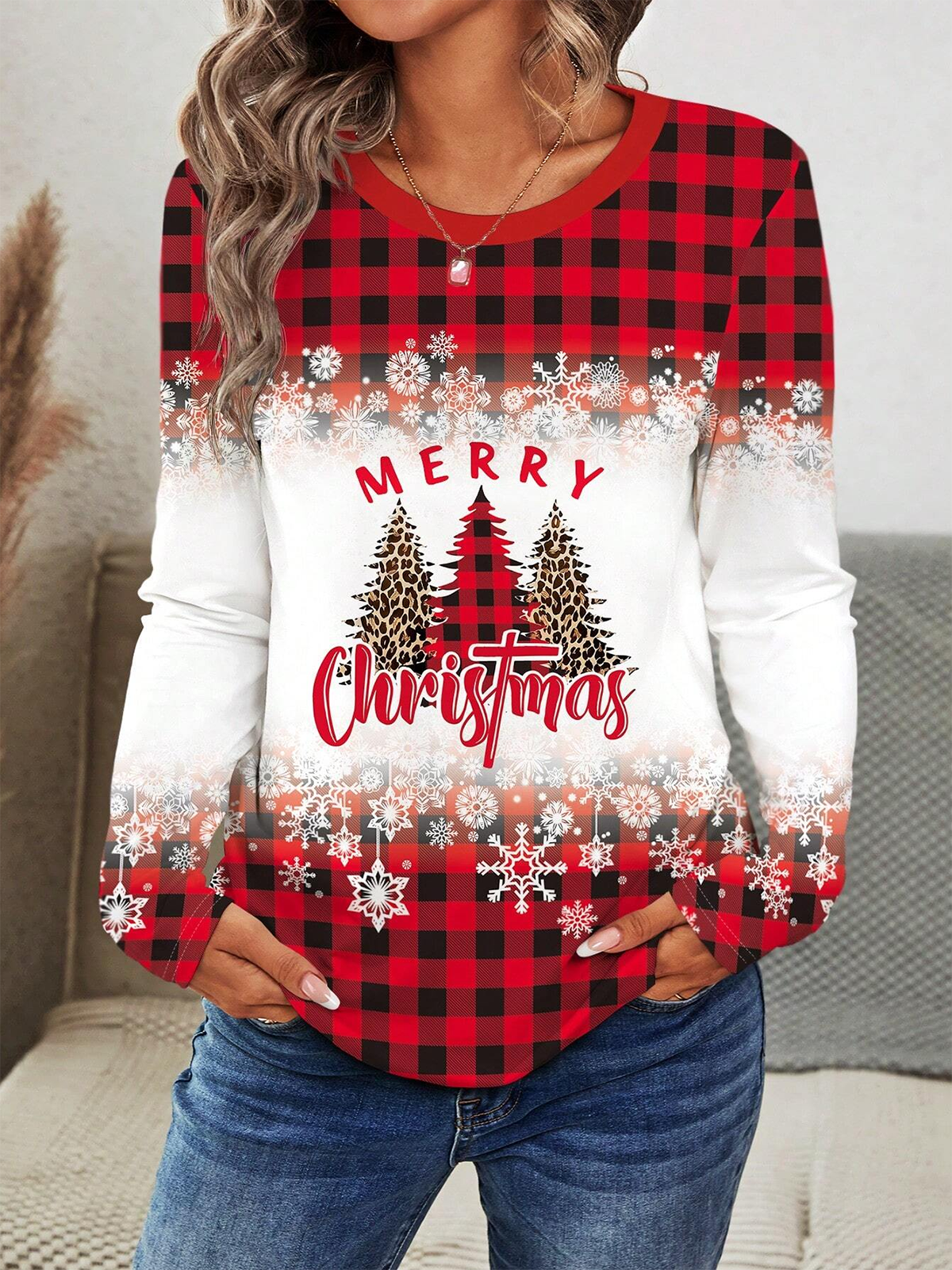 Plaid Christmas Print Round Neck Long Sleeve T-Shirt