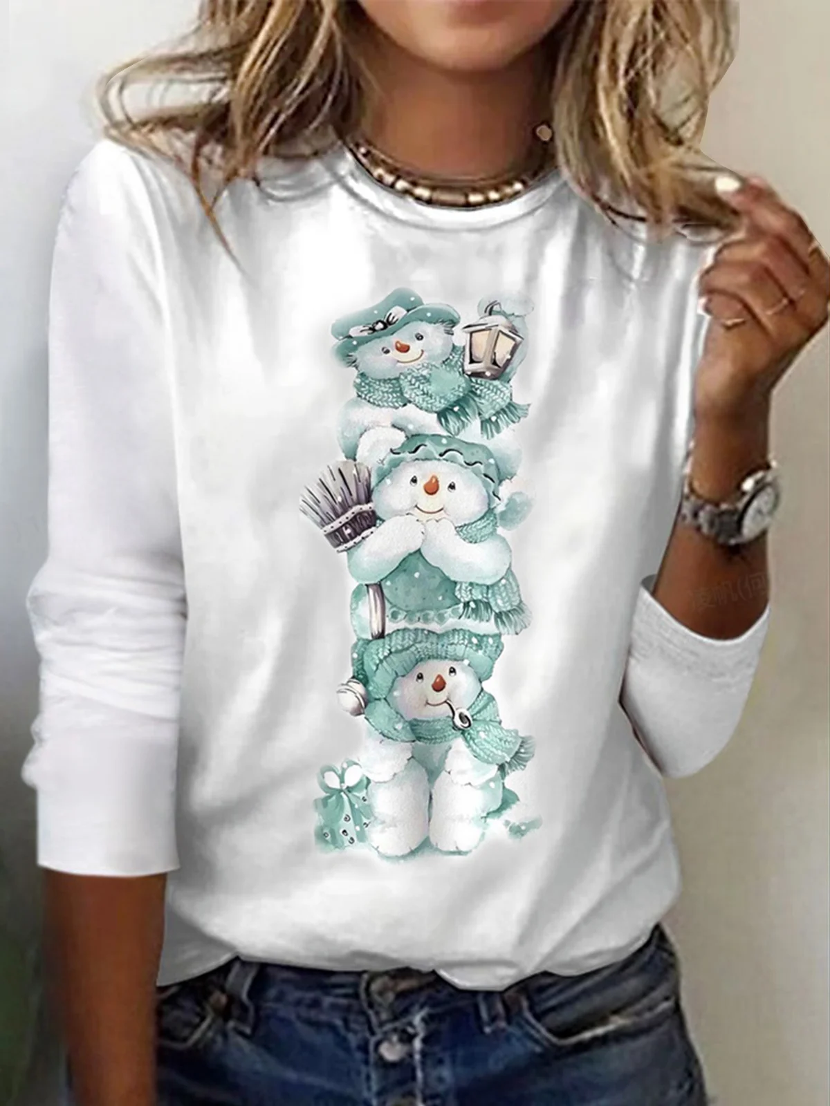 Christmas Snowman Print Crew Neck T-shirt