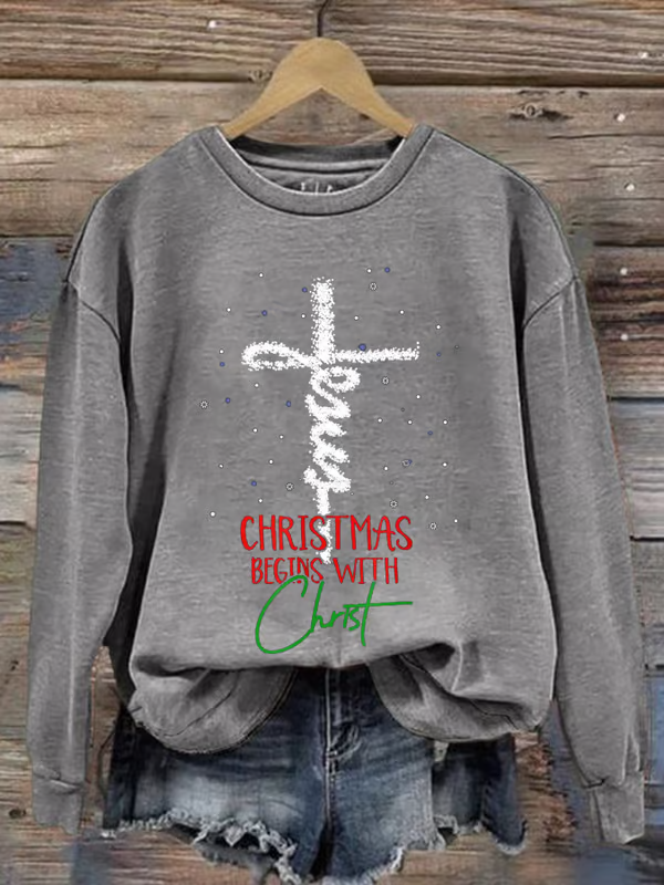 Women's Christmas Begins With Christ Snowman Print Round Neck Sweatshirt