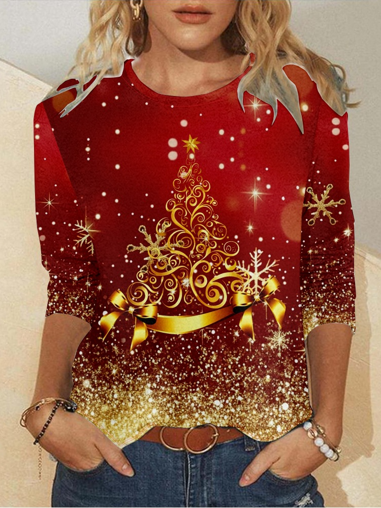 Christmas tree Christmas 3D Printing Casual Regular Fit Crew Neck Long Sleeve Shirt