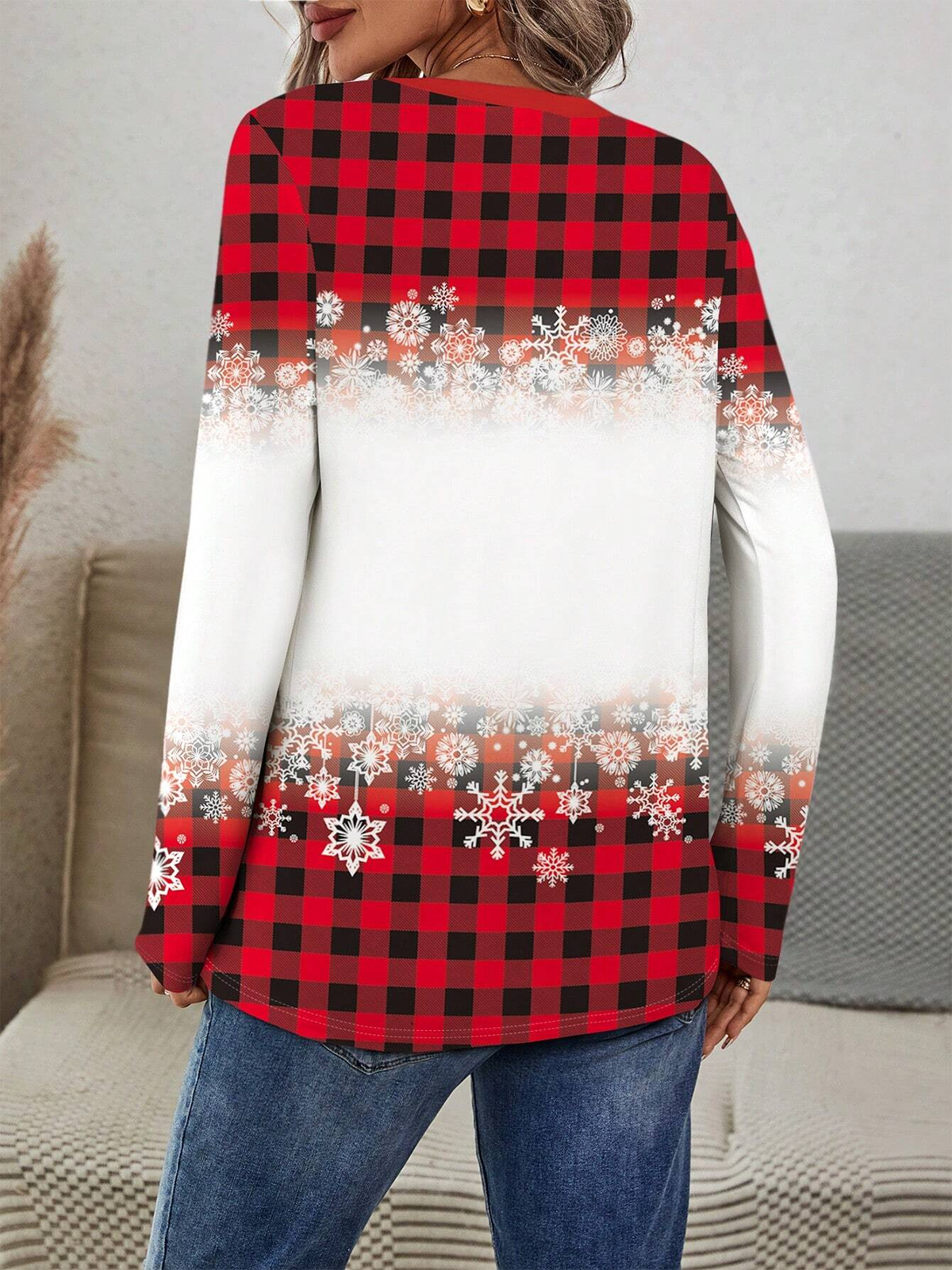 Plaid Christmas Print Round Neck Long Sleeve T-Shirt