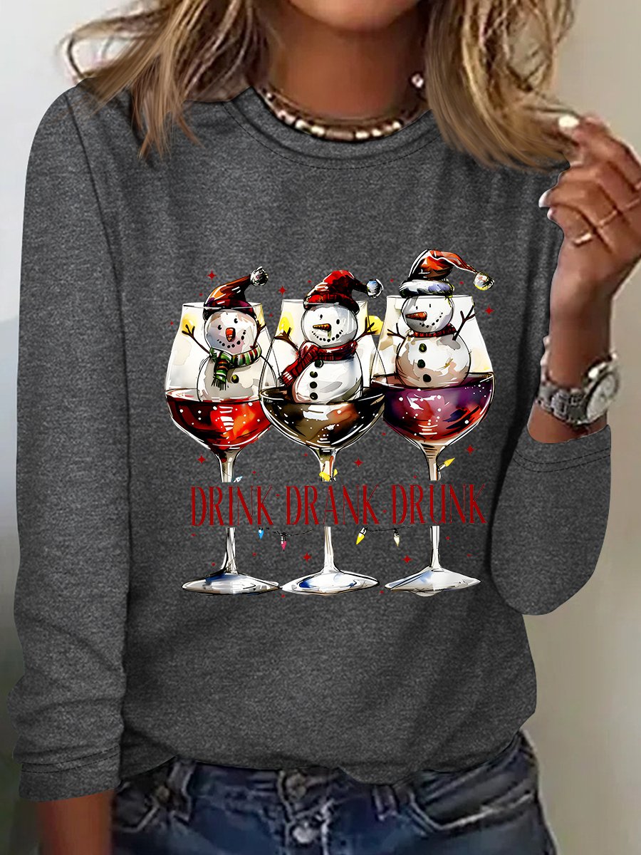 Drink Drank Drunk Christmas Season Casual Long Sleeve Shirt