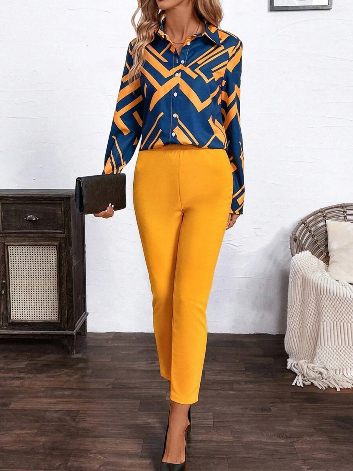 Women's Abstract Stripes Daily Going Out Two-Piece Set Orange Casual Spring/Fall Top With Pants Matching Set