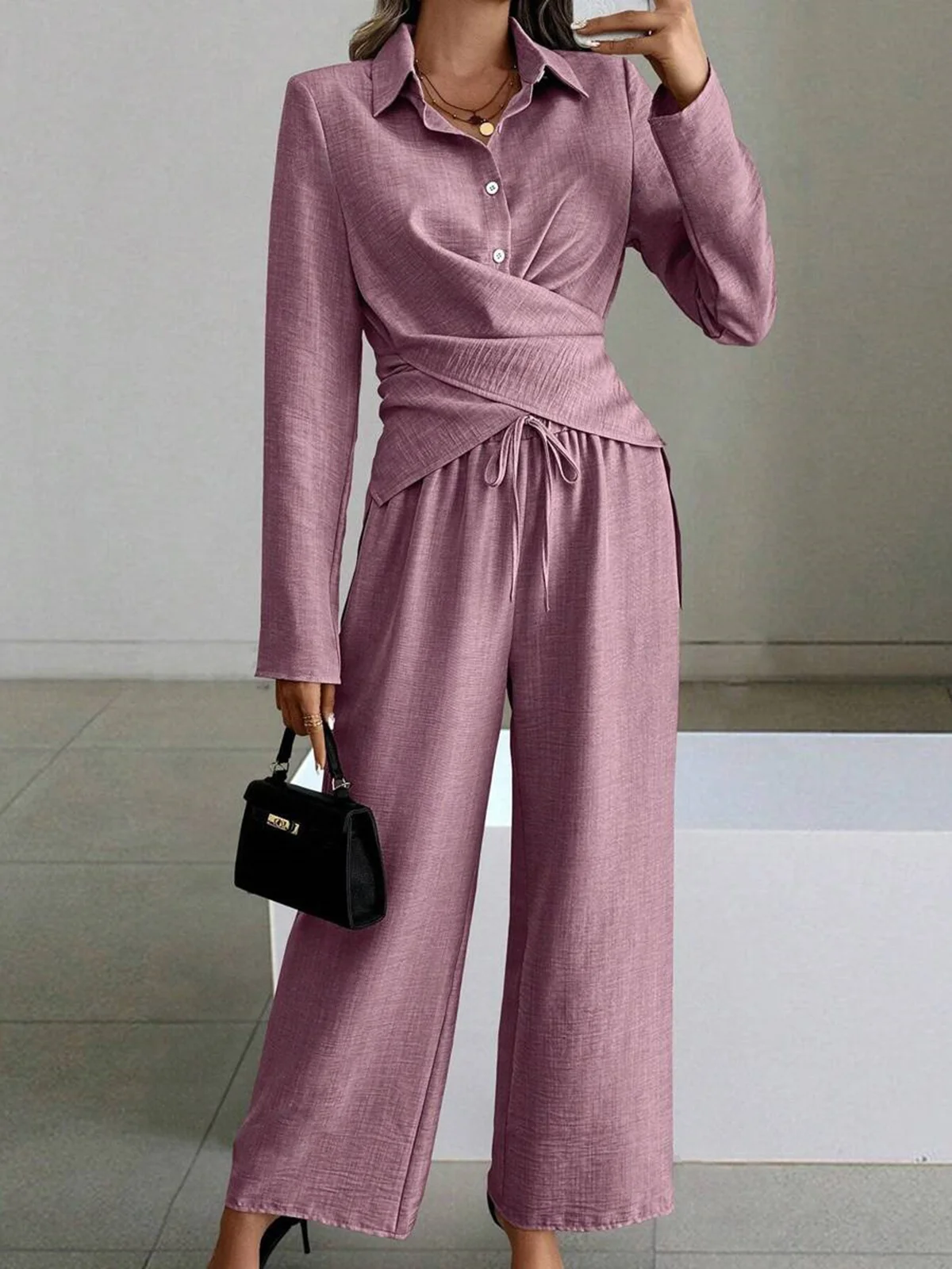 Women's Plain Daily Going Out Two-Piece Set Black Casual Spring/Fall Top With Pants Matching Set