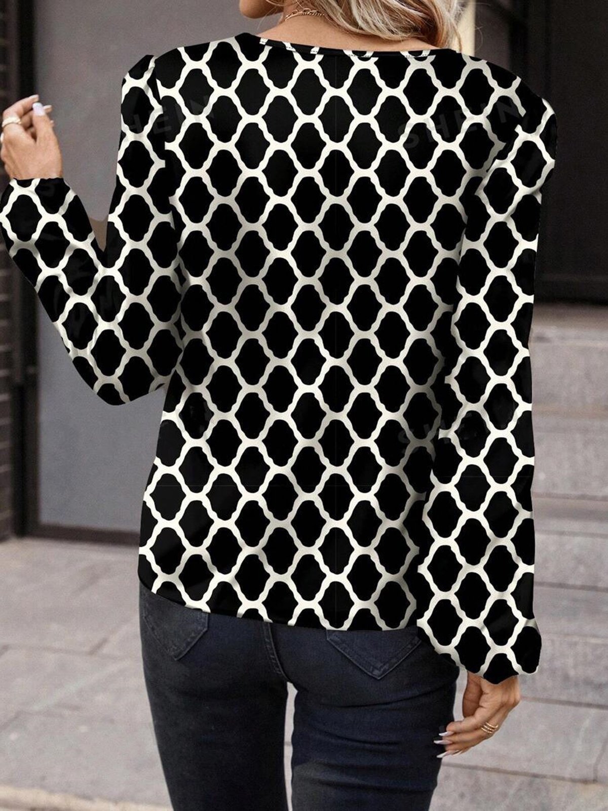 Women's Long Sleeve Blouse Spring/Fall Red Geometric V Neck Daily Going Out Casual Top