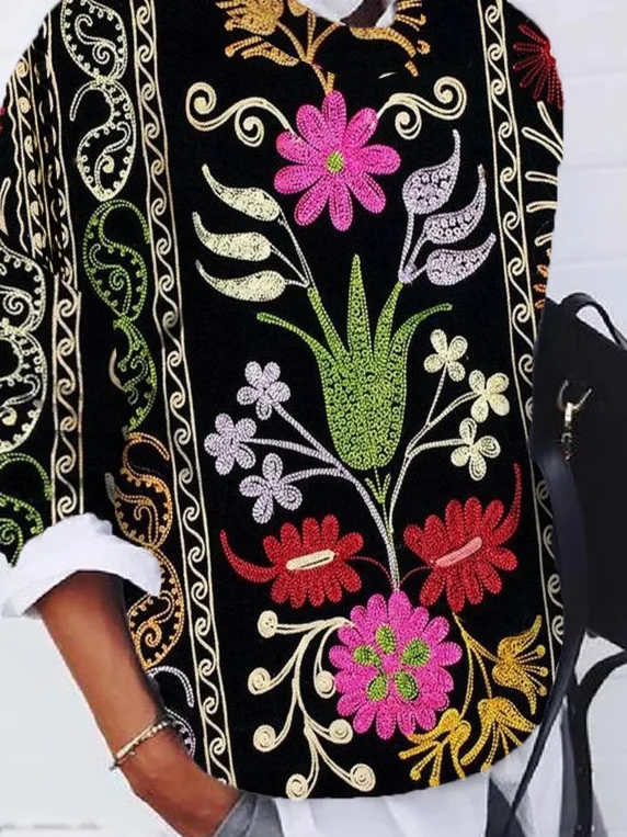 Casual Ethnic Crew Neck Loose Sweatshirt