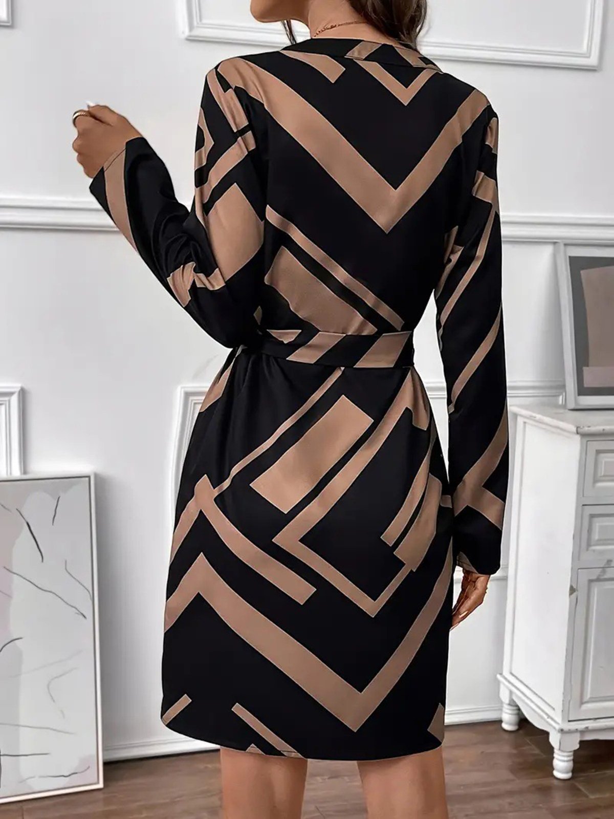 Women's Long Sleeve Spring/Fall Brown Abstract Graphic V Neck Daily Going Out Casual Midi A-Line Dress