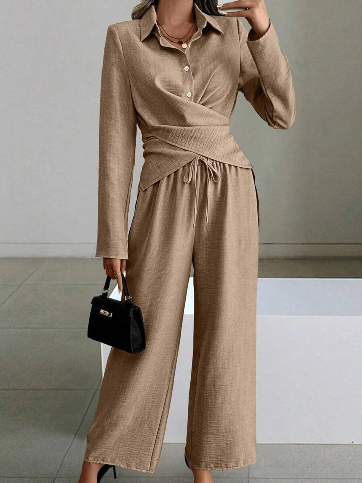 Women's Plain Daily Going Out Two-Piece Set Black Casual Spring/Fall Top With Pants Matching Set