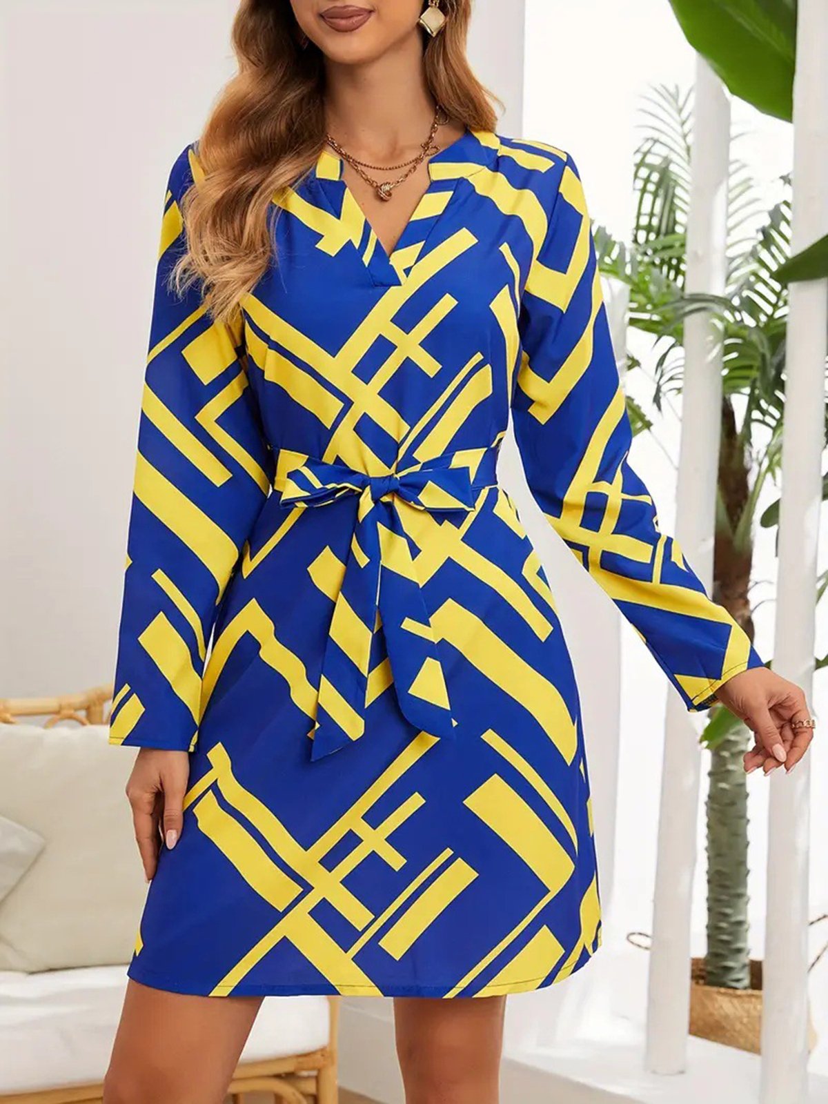 Women's Long Sleeve Spring/Fall Brown Abstract Graphic V Neck Daily Going Out Casual Midi A-Line Dress