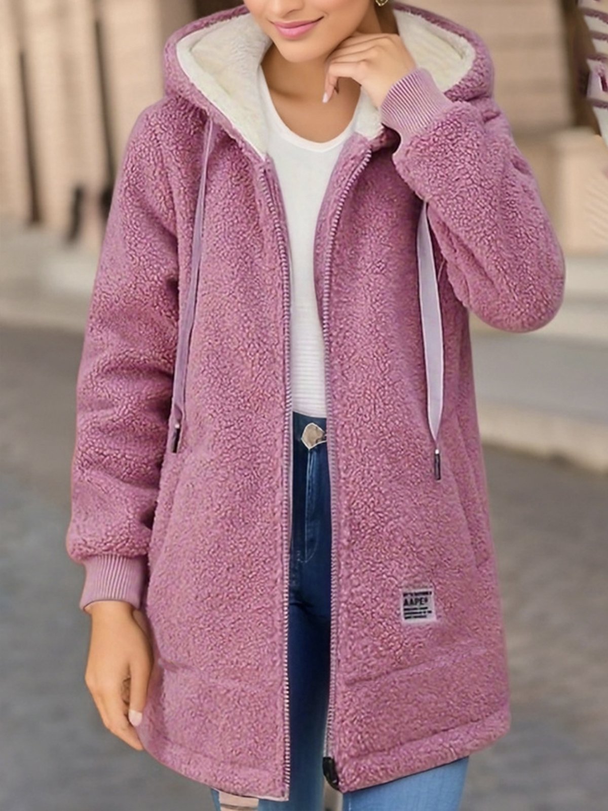 Plain Hoodie Casual Fluff/Granular Fleece Fabric Teddy Jacket