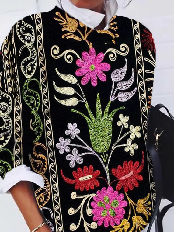Casual Ethnic Crew Neck Loose Sweatshirt