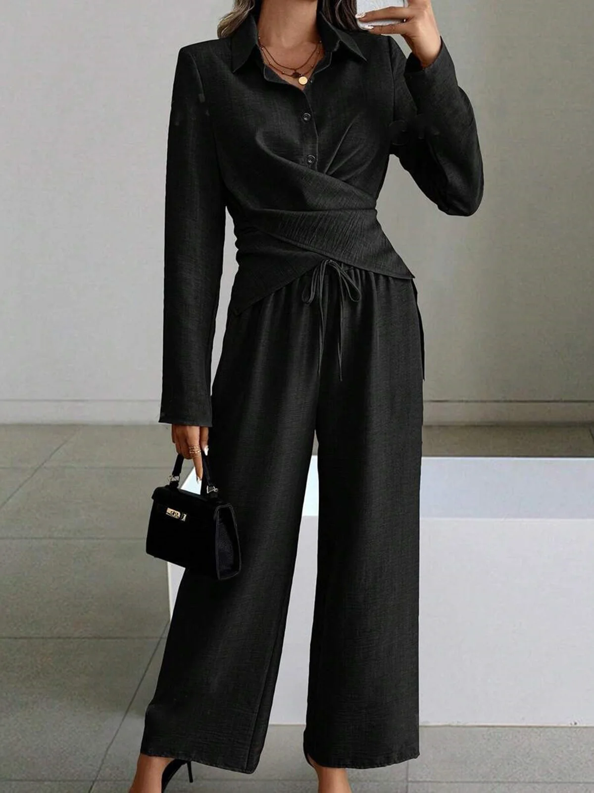 Women's Plain Daily Going Out Two-Piece Set Black Casual Spring/Fall Top With Pants Matching Set