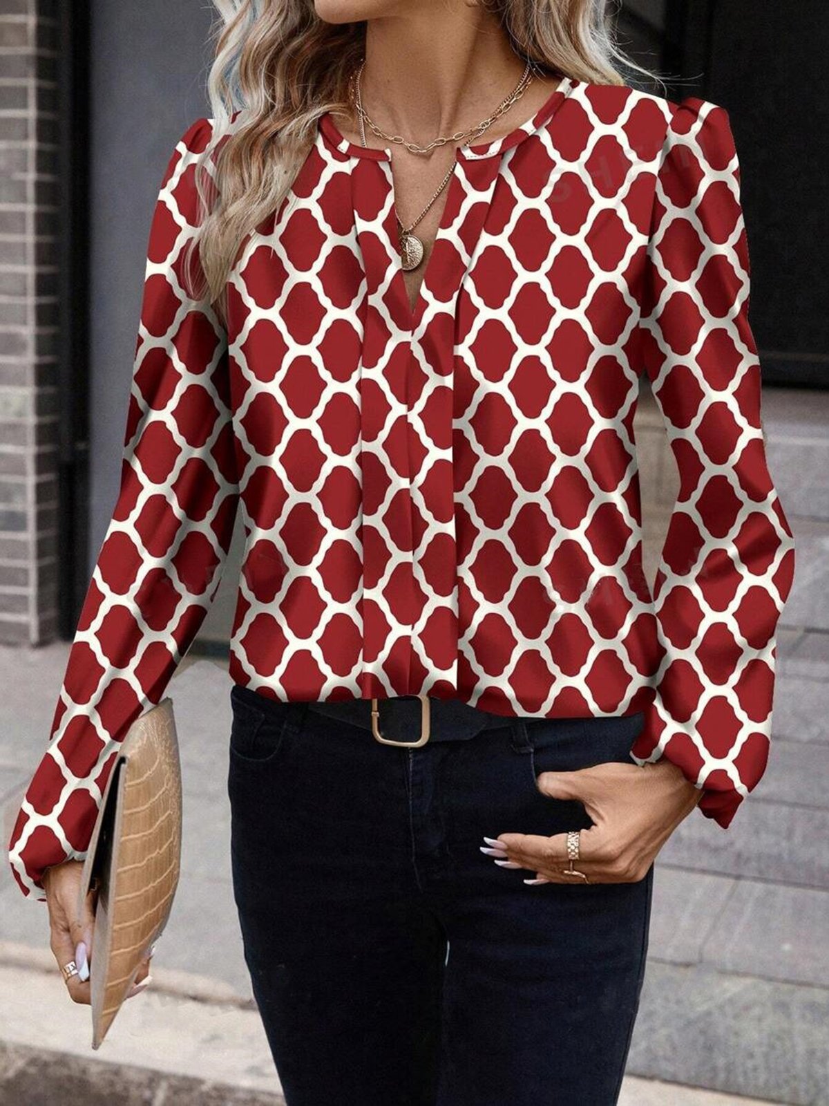 Women's Long Sleeve Blouse Spring/Fall Red Geometric V Neck Daily Going Out Casual Top