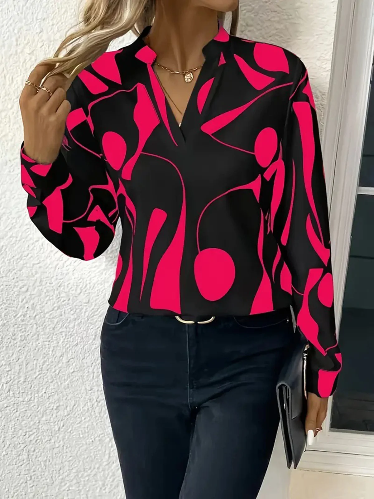 Women's Long Sleeve Blouse Spring/Fall Rose Red Abstract V Neck Daily Going Out Casual Top