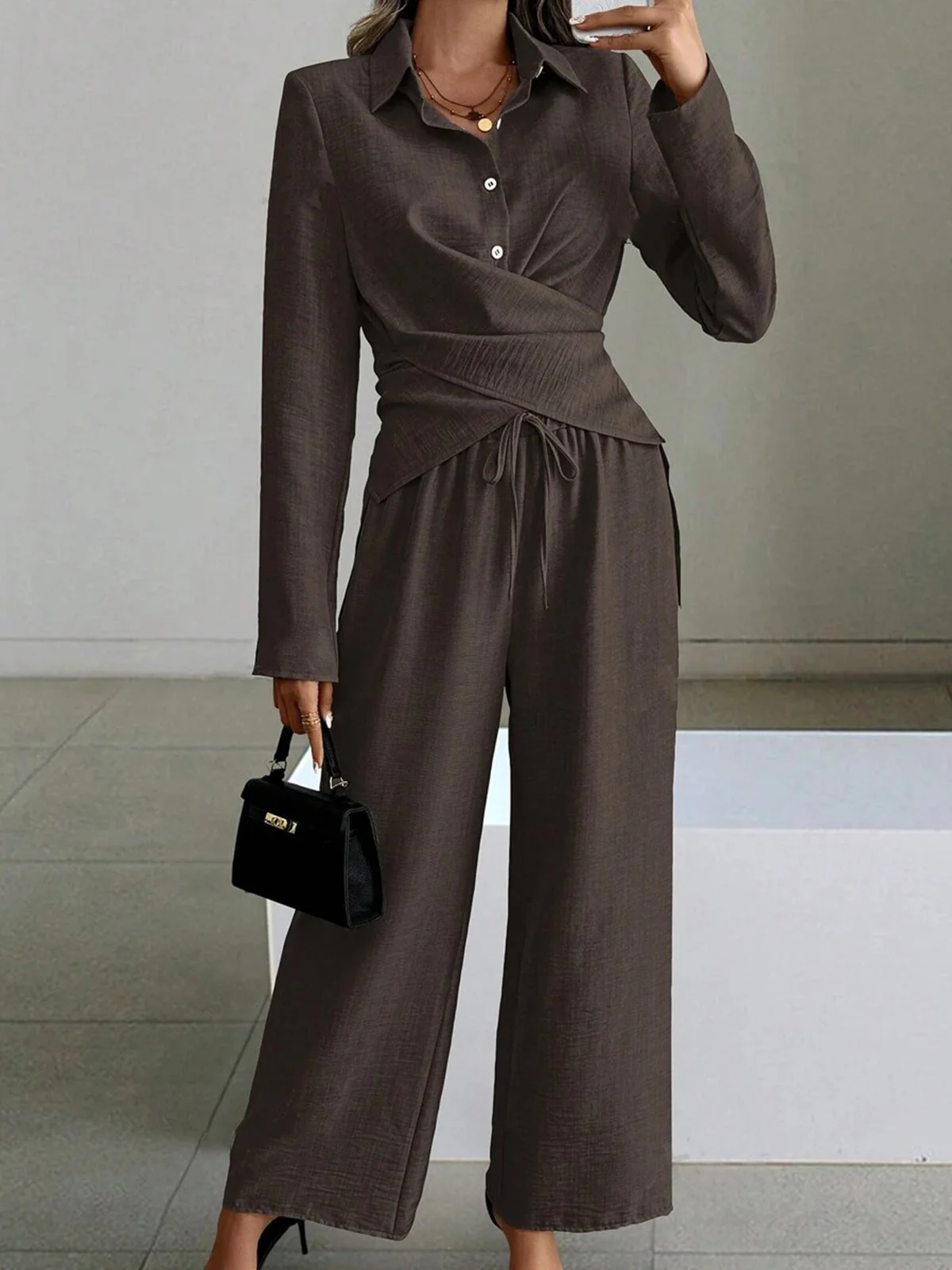 Women's Plain Daily Going Out Two-Piece Set Black Casual Spring/Fall Top With Pants Matching Set