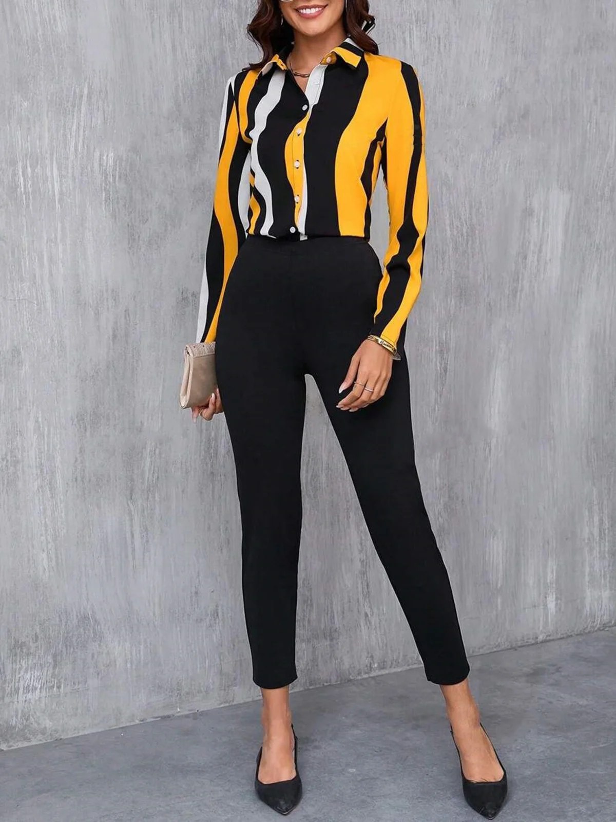 Women's Abstract Stripes Daily Going Out Two-Piece Set Orange Casual Spring/Fall Top With Pants Matching Set