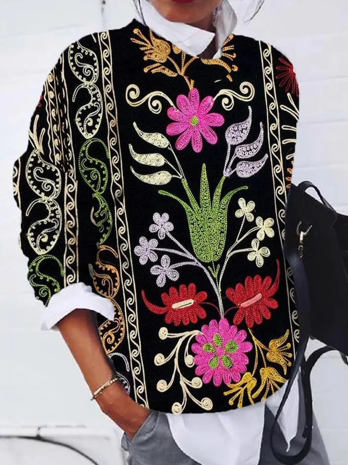 Casual Ethnic Crew Neck Loose Sweatshirt