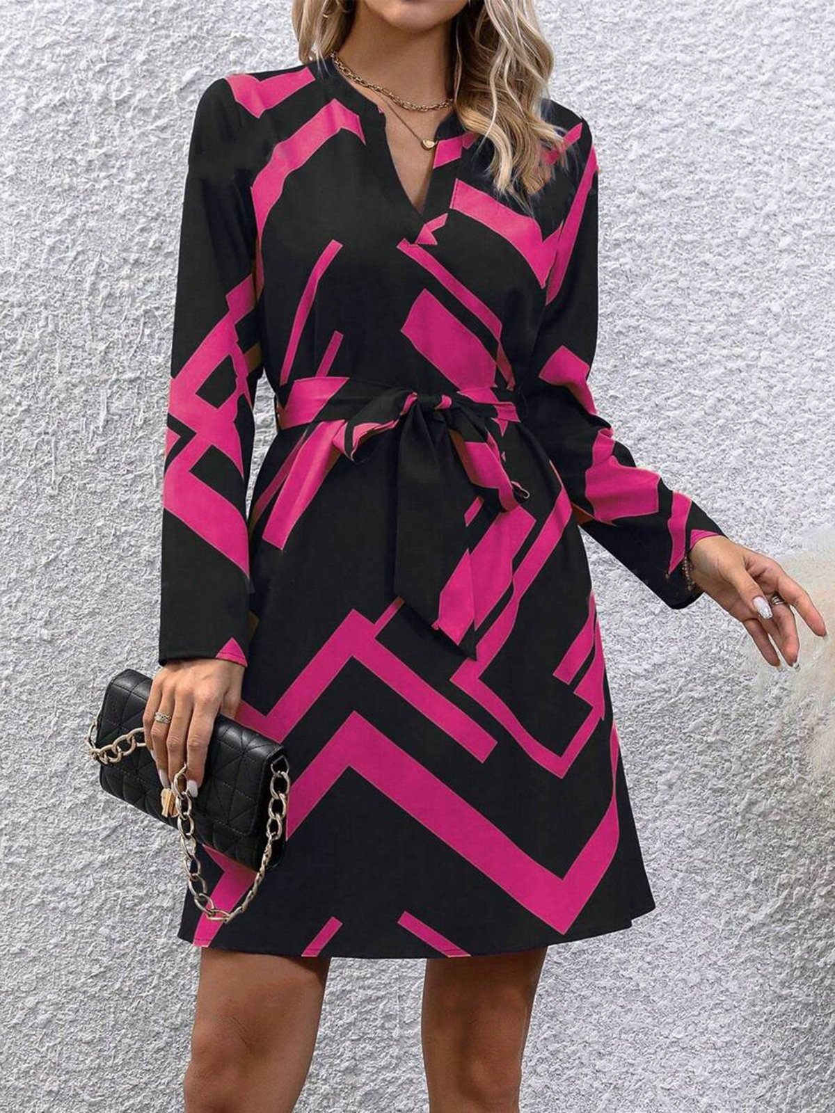 Women's Long Sleeve Spring/Fall Brown Abstract Graphic V Neck Daily Going Out Casual Midi A-Line Dress