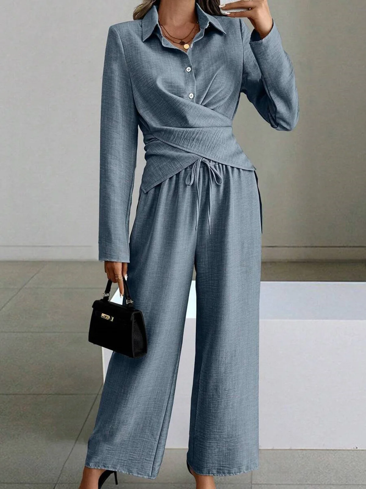 Women's Plain Daily Going Out Two-Piece Set Black Casual Spring/Fall Top With Pants Matching Set