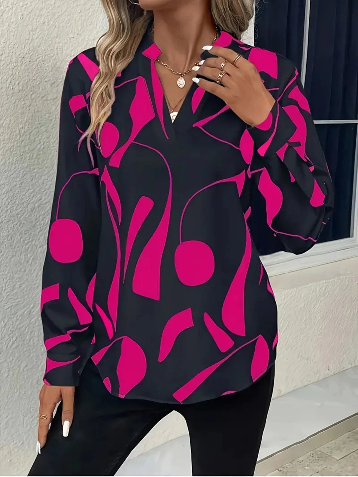 Women's Long Sleeve Blouse Spring/Fall Rose Red Abstract V Neck Daily Going Out Casual Top